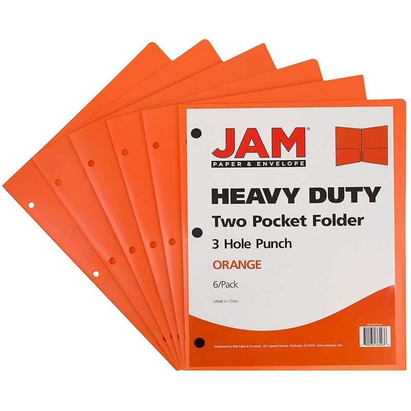 JAM Paper حافظة ورق جام بلاستيكية ثقيلة 3 ثقوب - حافظات مدرسية شديدة التحمل - برتقالي - 6/عبوة - Image 2